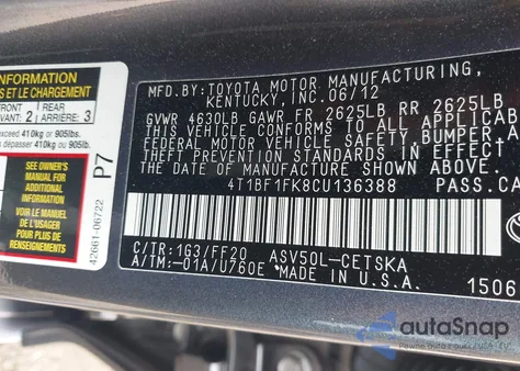2012 Toyota Camry Se z USA, uszkodzony, nr VIN 4T1BF1FK8CU136388